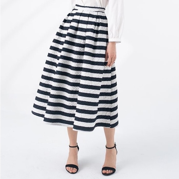CHICWISH ALLOVER STRIPE PRINT EMBOSSED PLEATED MIDI SKIRT MEDIUM - Picture 1 of 6